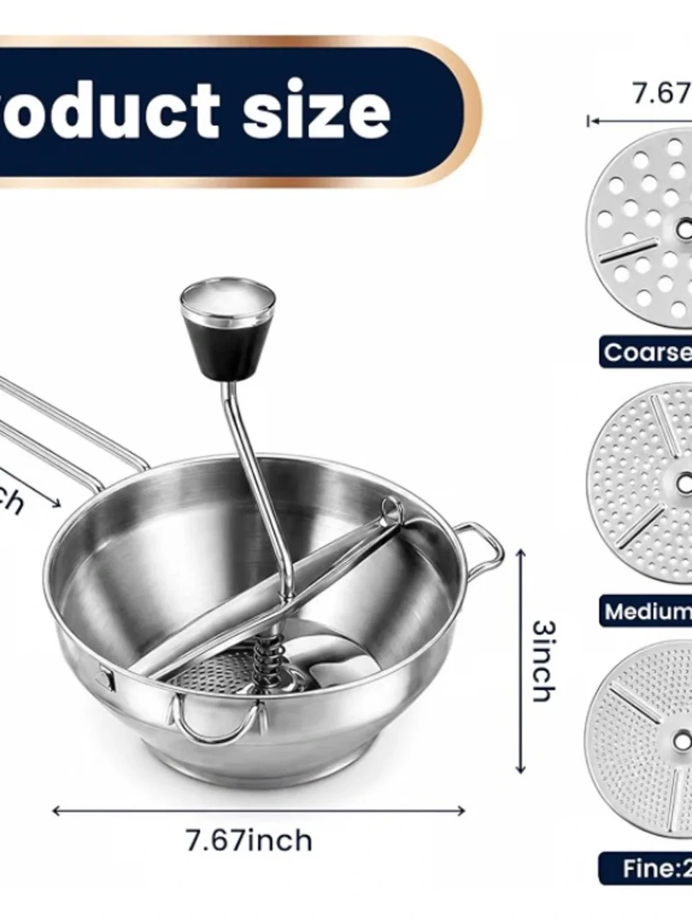 Stainless Steel Food Mill with 3 Interchangeable Discs